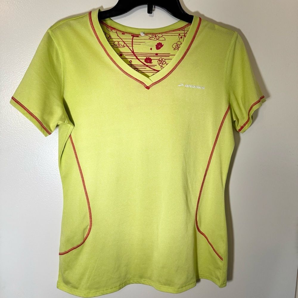 Brooks Bright Yellow V-Neck Tee with Contrast Pink Stitching